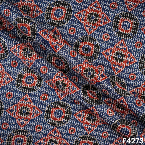 Indigo Print Kantha Work Cambric Cotton Fabric - F4273